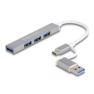 DeLOCK Hub USB sottile a 4 porte con USB Type-C o USB Tipo-A per 3 x USB 2.0 Tipo-A femmina + 1 x USB 5 Gbps Tipo-A femmina
