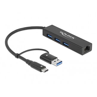 DeLOCK Hub USB 3.2 Gen 1 a 3 porte + Gigabit LAN con connettore USB Type-C o USB Tipo-A