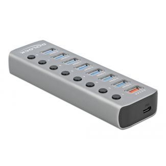 DeLOCK Hub USB 5 Gbps con 7 porte + 1 porta di ricarica rapida + 1 porta USB-C PD 3.0 con interruttore e illuminazione