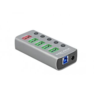 DeLOCK Hub USB 5 Gbps con 4 porte + 1 porta di ricarica rapida + 1 porta USB-C PD 3.0 con interruttore e illuminazione