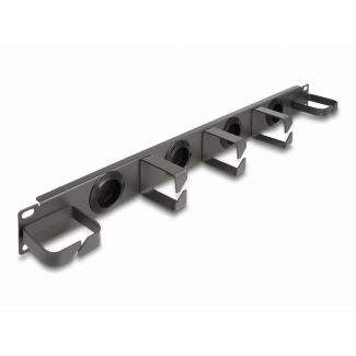 DeLOCK 19″ Cable Management Routing Panel with 4 rubber cable entries and 5 metal hooks 1U dark grey