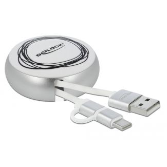 DeLOCK Cavo retrattile USB 2 in 1 dd Tipo A per Micro-B e USB-C bianco / argento