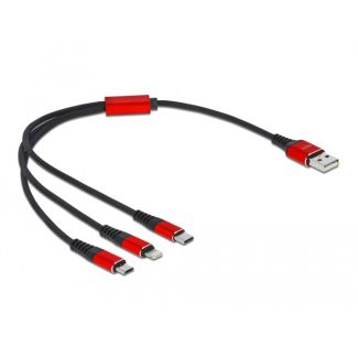 DeLOCK USB Charging Cable 3 in 1 Type-A to Lightning / 2 x USB Type-C 30 cm black / red