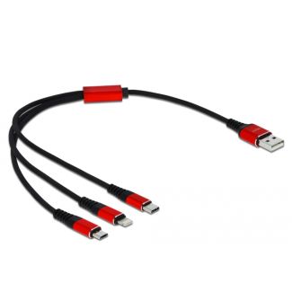 DeLOCK Cavo di ricarica USB 3 in 1 Tipo-A a Lightning / Micro USB / USB Type-C da 30 cm nero / rosso