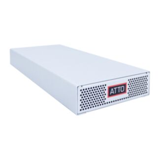 ATTO XCET-8100-TNE Dual-port 10Gb Ethernet to Single (x4) port 12Gb SAS intelligent Bridge, RJ45 SFPs included, iSCSI Tape support only, external enclosure, CEE 7/7 Schuko and UK10-C13 power cord included