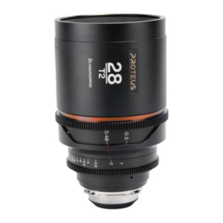 Laowa Proteus 2X 28mm T2 flare ambra, scala in piedi, anamorfico PL/EF