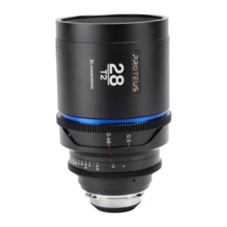 Laowa Proteus 2X 28mm T2 flare blu, scala in piedi, anamorfico PL/EF