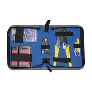 Link LKMS09 set tools in pouch with pliers for connectors 4, 6, 8 pin, wire stripper, tester, small box with plug 6 and 8 pin, punch-down tool