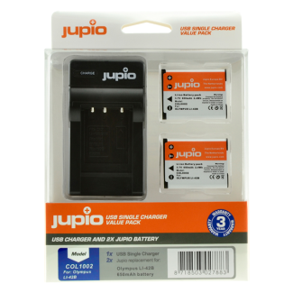 Jupio Value Pack: 2x Li-40B/Li-42B/NP45/D-Li63/EN-EL10 Battery + Single USB Charger